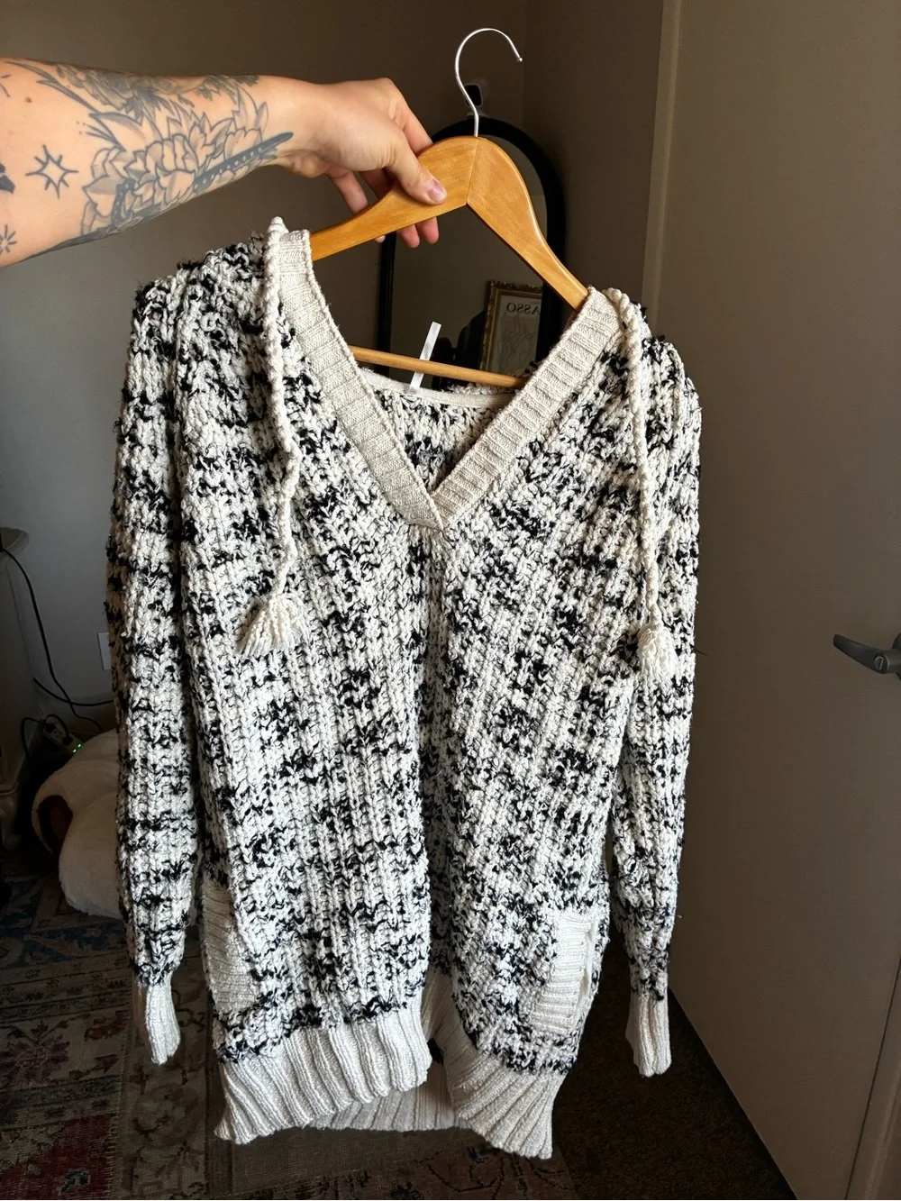 Free People Black & Cream Marled V-Neck Sweater